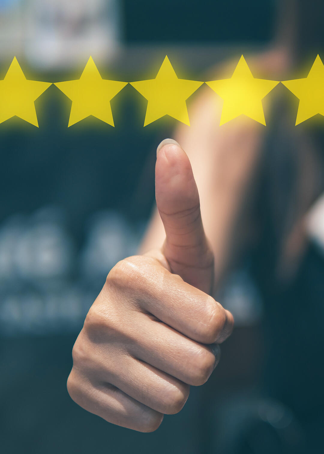 Thumb up with 5 starts above the thumbnail indicating a 5 star review, hotel blog post ideas, travel blog post ideas, Showcase testimonials